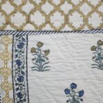 Reversible Handblock Quilt - Blue Mustard Multi Floral