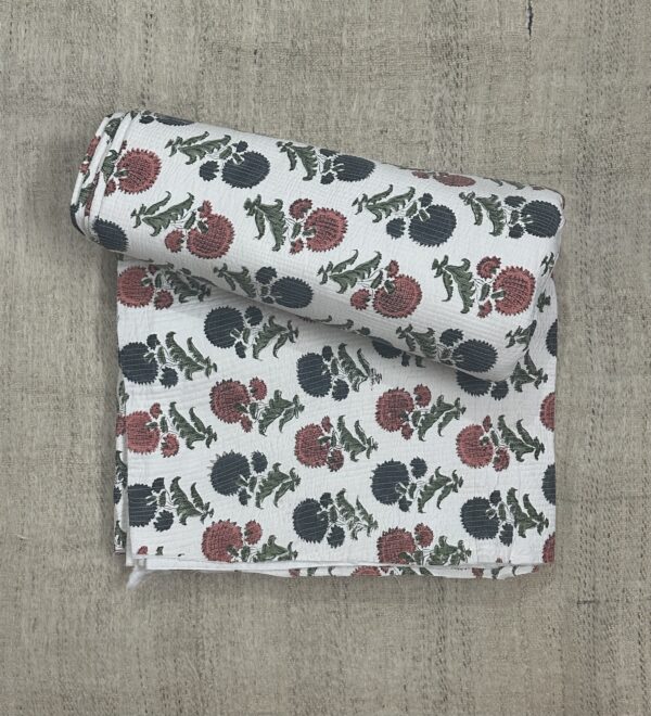 Quilted Fabric - Coral Pink Grey Handblock