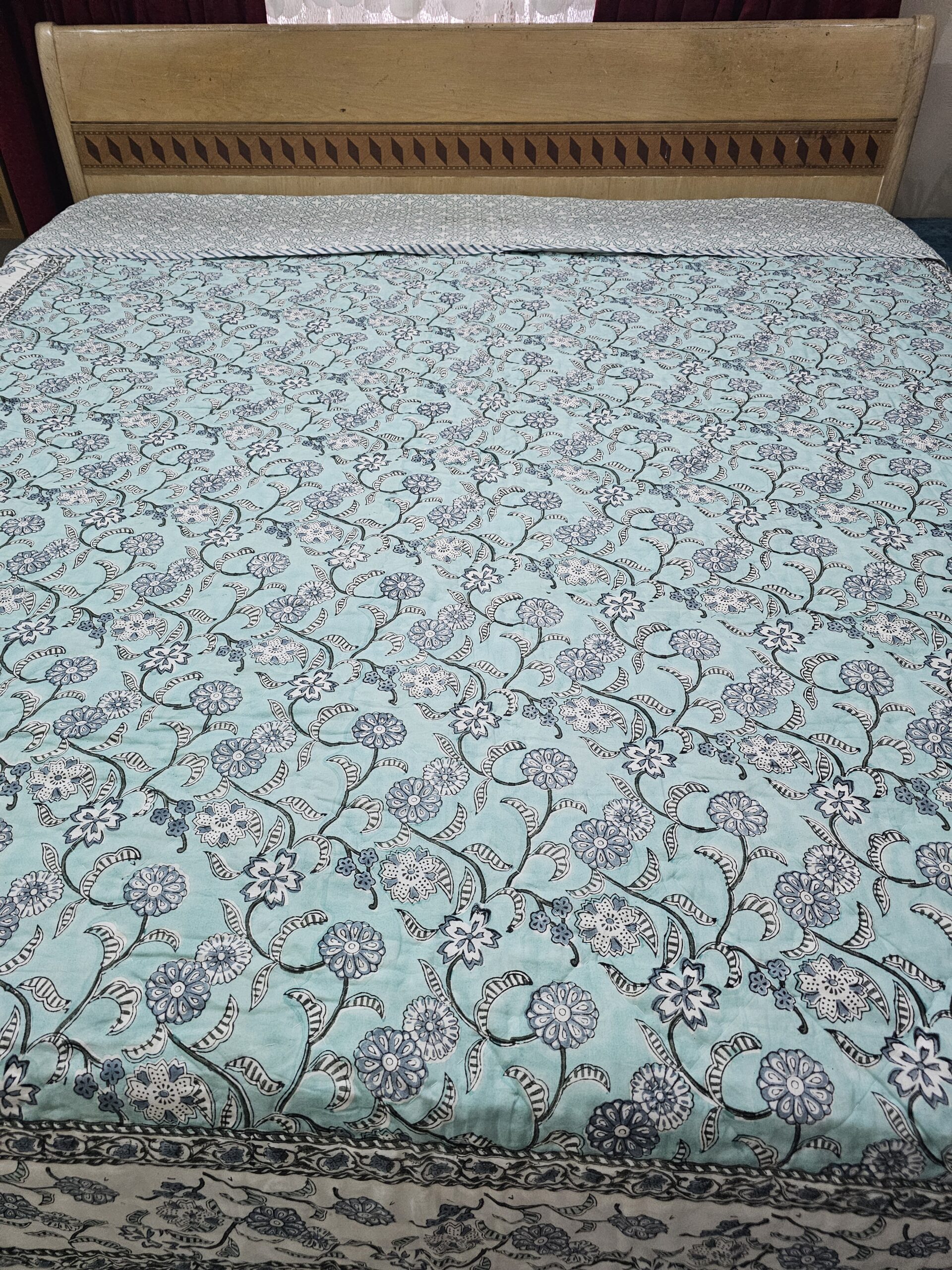 Reversible Handblock Quilt - Blue Floral Jaal Reversible Handblock Quilt - Blue Floral Jaal