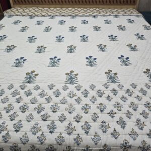 Reversible Handblock Quilt - Blue Mustard Multi Floral