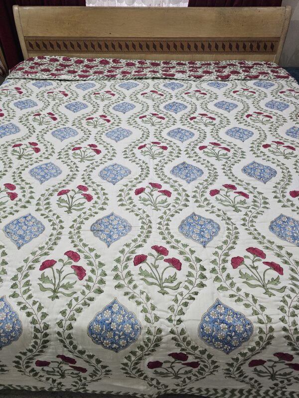 Reversible Handblock Quilt - Green Bud Wine Pattern