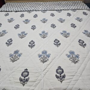 Reversible Handblock Quilt - Shades Of Blue Flowers