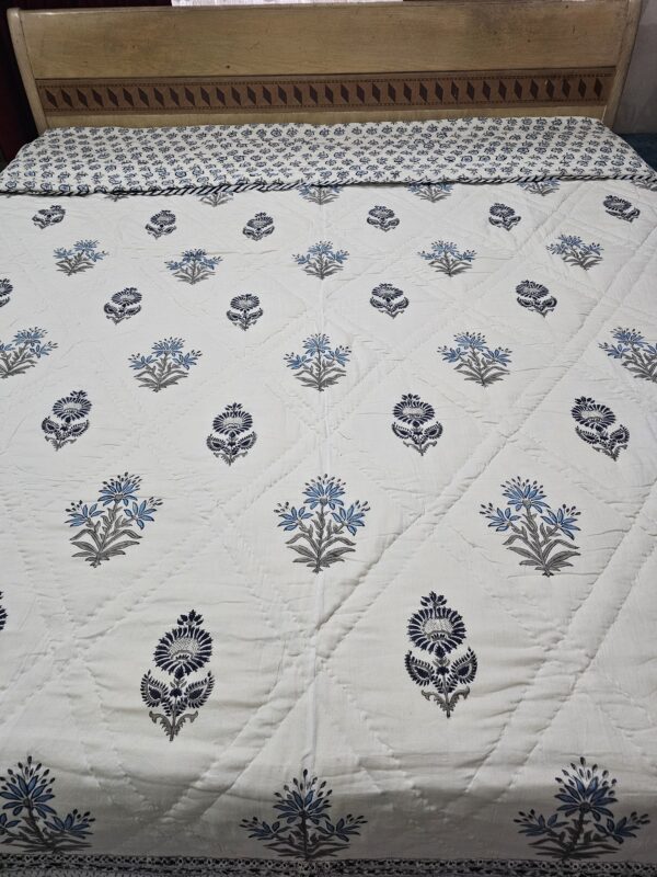 Reversible Handblock Quilt - Shades Of Blue Flowers