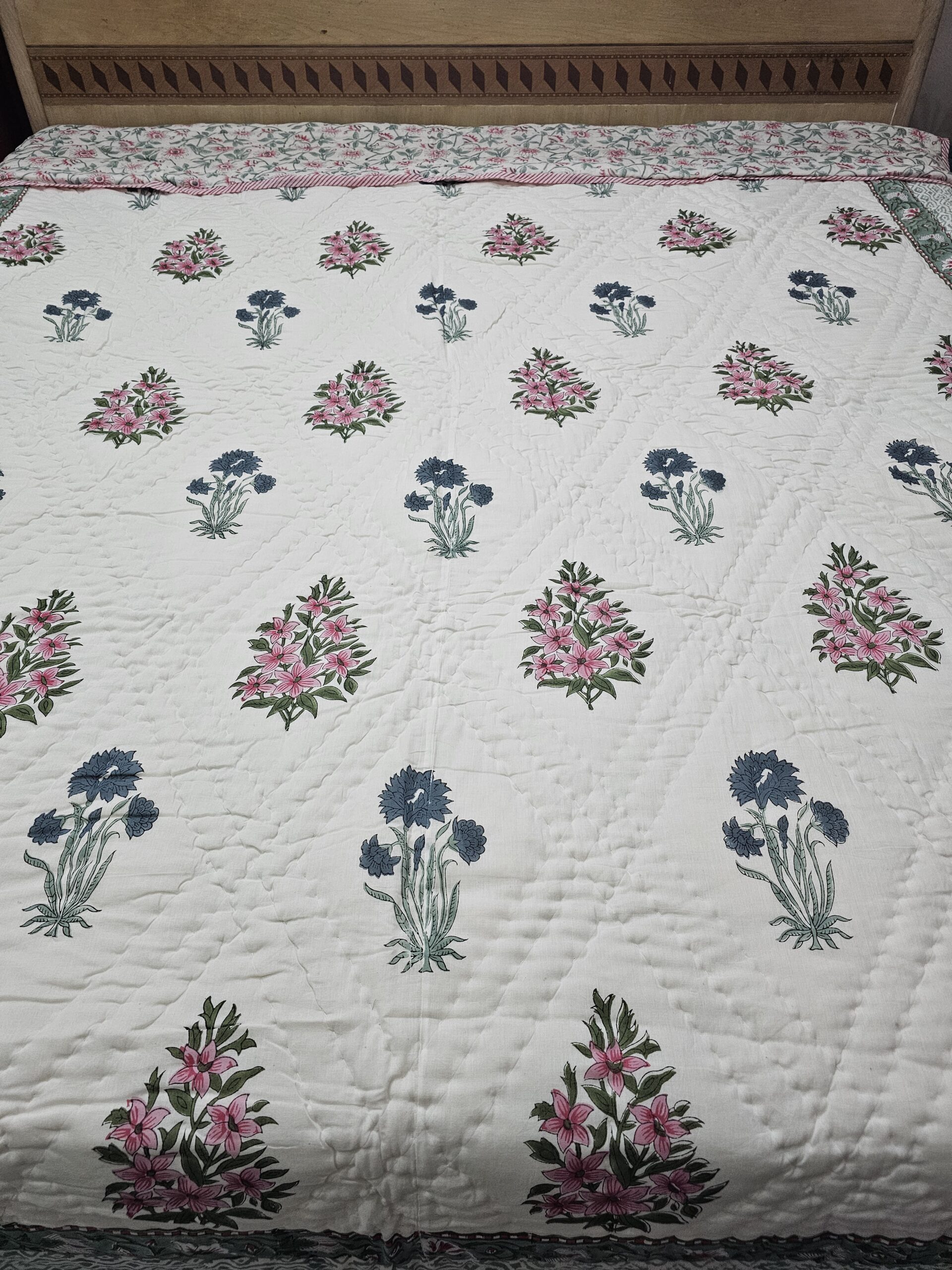 Reversible Handblock Quilt - Pink & Blue Flowers Reversible Handblock Quilt - Pink & Blue Flowers