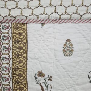 eversible Handblock Quilt - Brown Floral Honeycomb