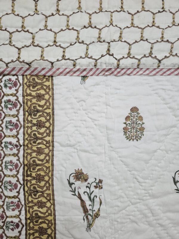 eversible Handblock Quilt - Brown Floral Honeycomb