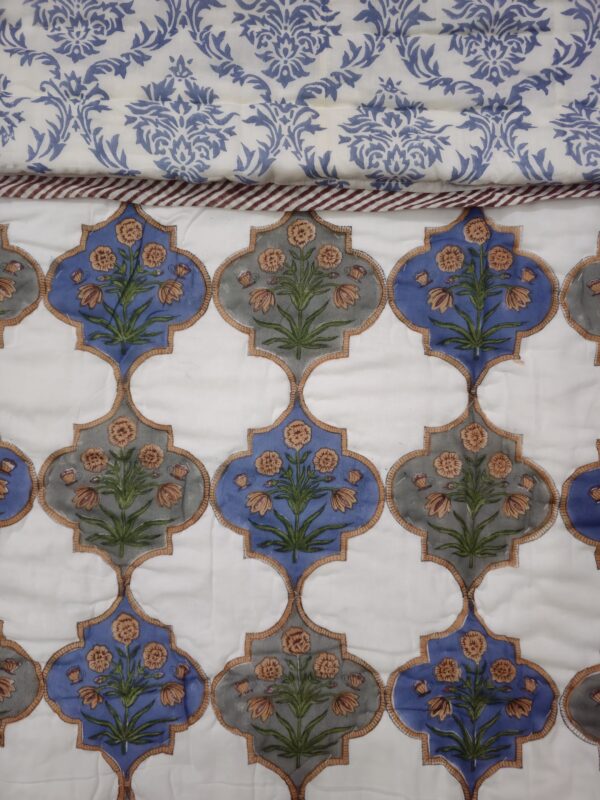 Reversible Handblock Quilt - Blue Green Mughal Buta