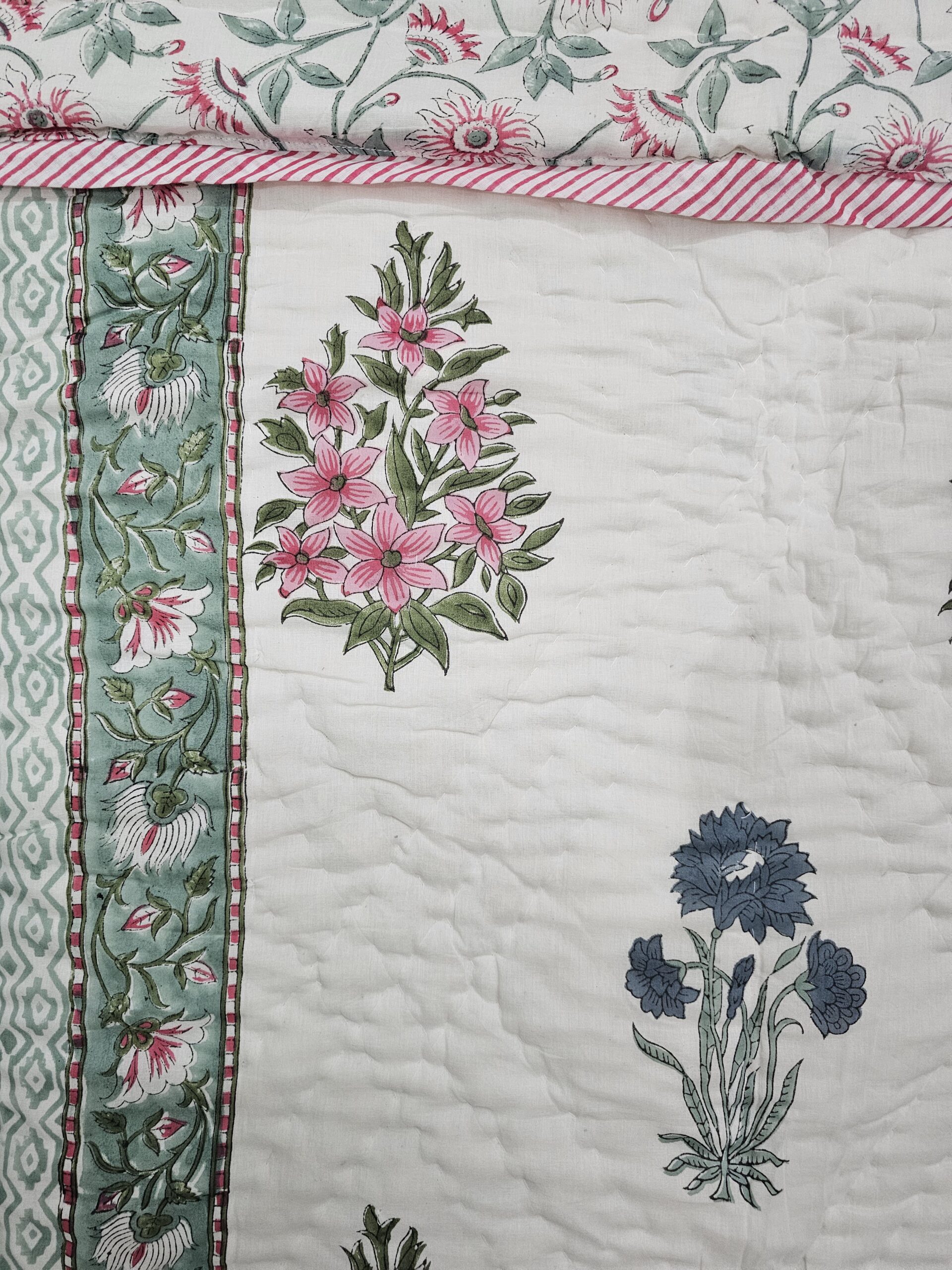 Reversible Handblock Quilt - Pink & Blue Flowers Reversible Handblock Quilt - Pink & Blue Flowers