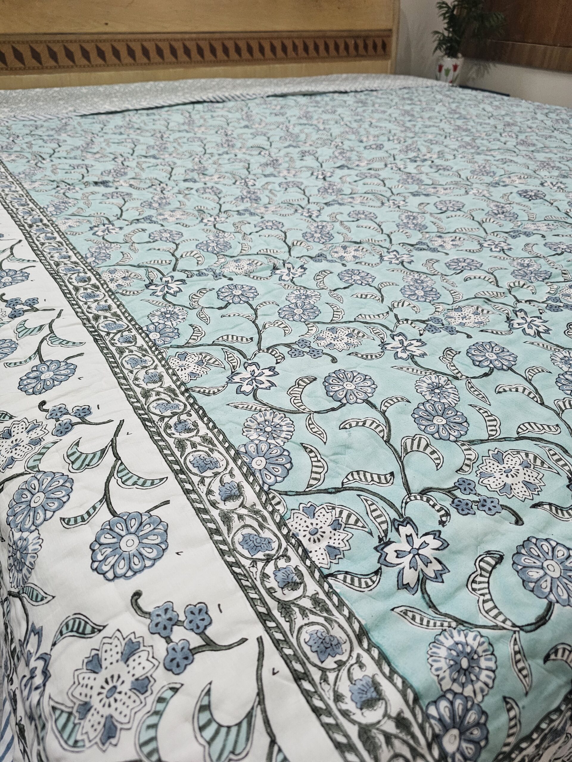 Reversible Handblock Quilt - Blue Floral Jaal Reversible Handblock Quilt - Blue Floral Jaal