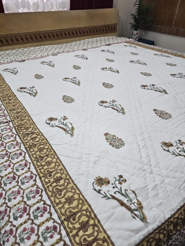 eversible Handblock Quilt - Brown Floral Honeycomb