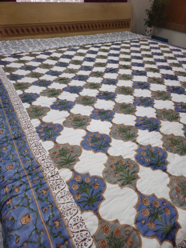 Reversible Handblock Quilt - Blue Green Mughal Buta