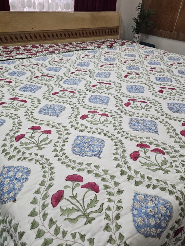 Reversible Handblock Quilt - Green Bud Wine Pattern