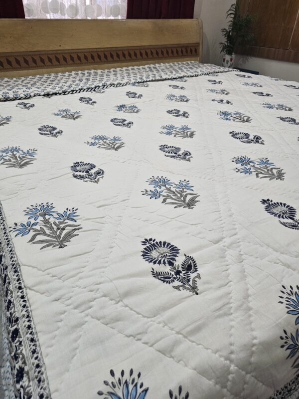 Reversible Handblock Quilt - Shades Of Blue Flowers