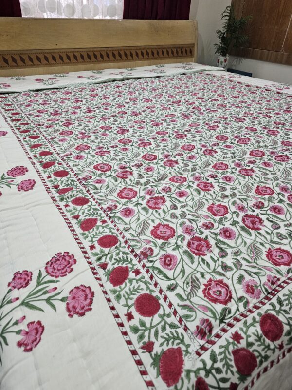 Reversible Handblock Quilt - Pink Flower Jaal