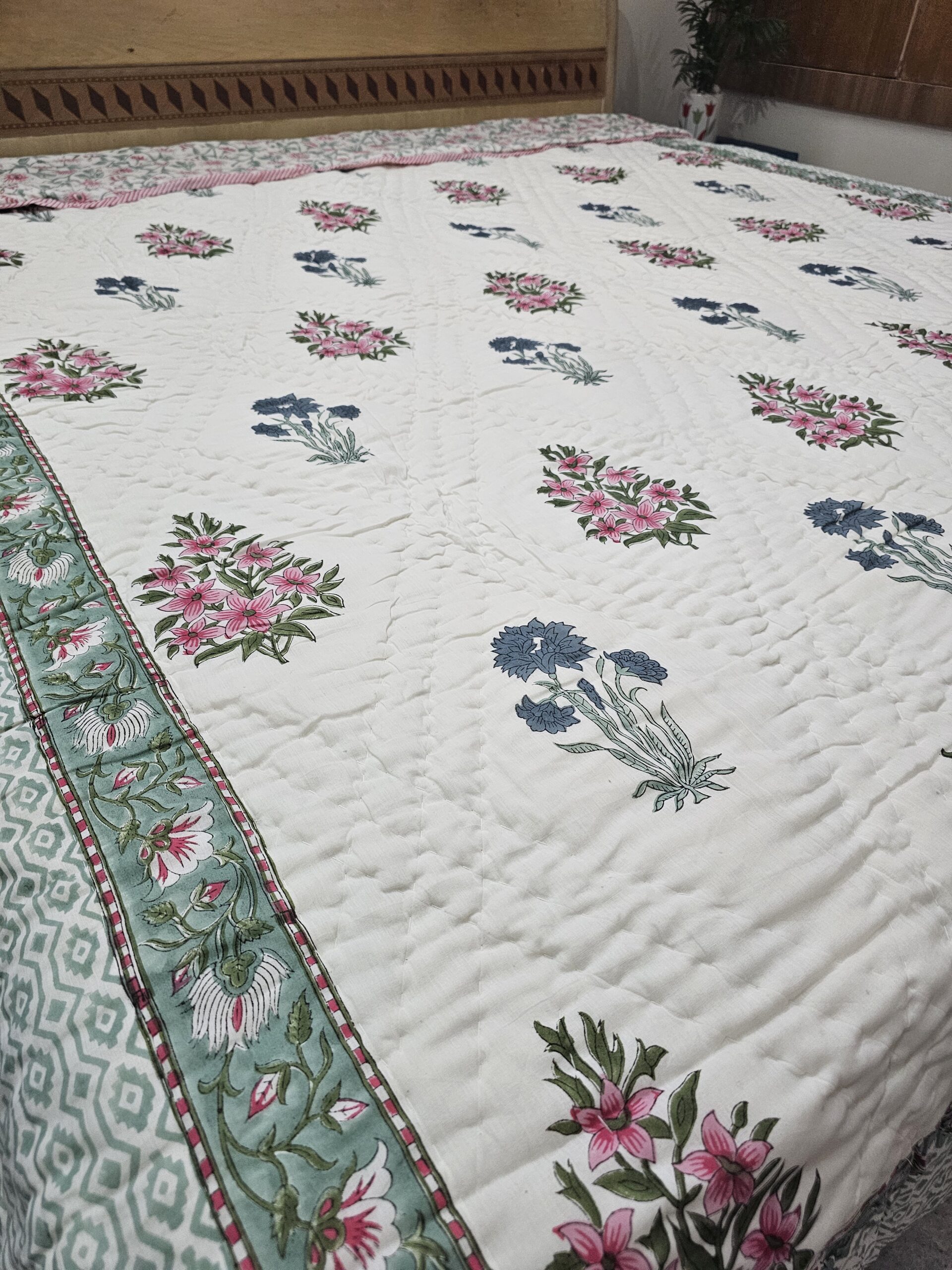 Reversible Handblock Quilt - Pink & Blue Flowers Reversible Handblock Quilt - Pink & Blue Flowers