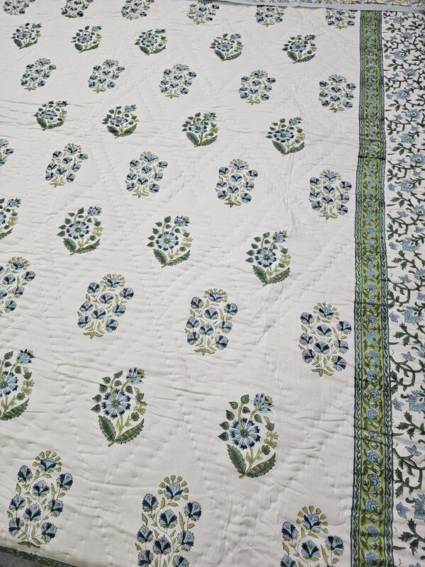 Reversible Handblock AC Quilt - Nine Petal Blue Flower