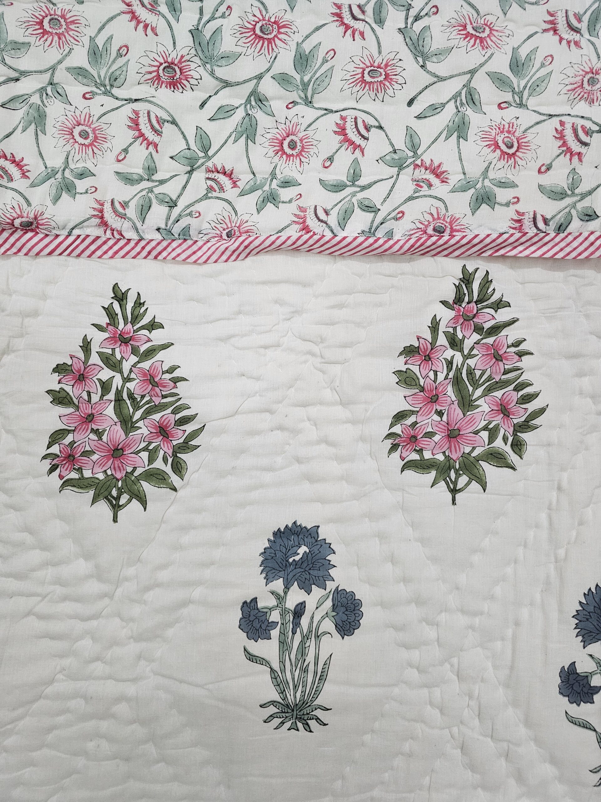 Reversible Handblock Quilt - Pink & Blue Flowers Reversible Handblock Quilt - Pink & Blue Flowers