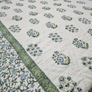 Reversible Handblock AC Quilt - Nine Petal Blue Flower