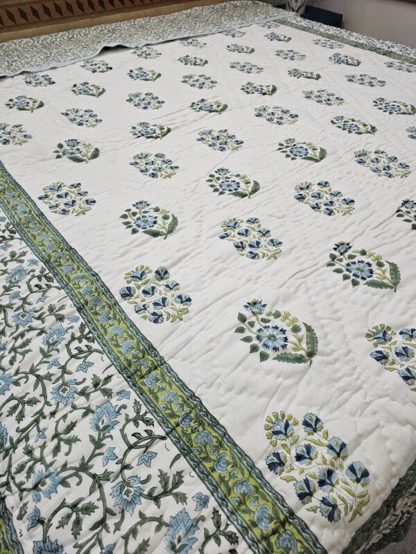 Reversible Handblock AC Quilt - Nine Petal Blue Flower